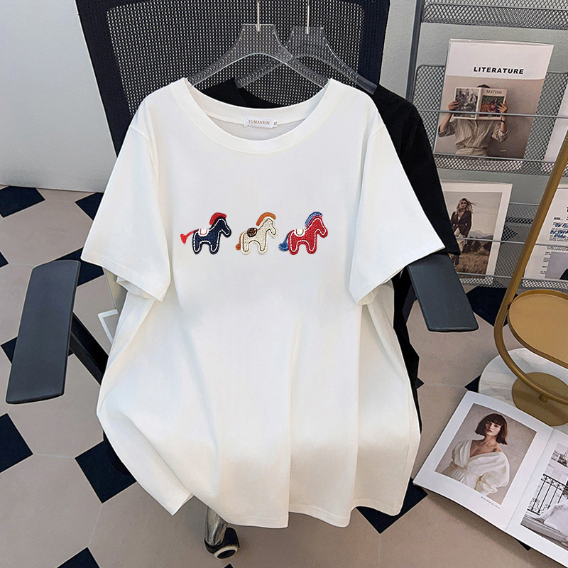 Embroidery Cotton Shirt - 170 キロプラスサイズの女性のバスト 170 夏ルーズ半袖ラウンドネック刺繍ポニー T シャツ
