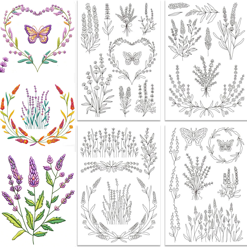 Embroidery Meaning - ラベンダーフラワーバタフライ水溶性スティック＆ステッチ刺繍パターン自己粘着性不織布スタビライザー（手芸用）