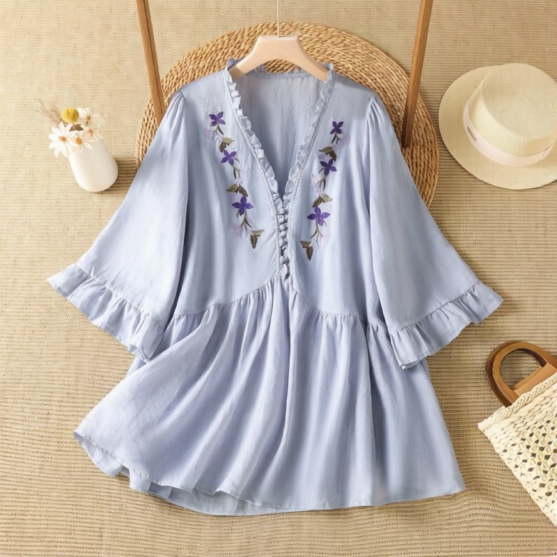 Embroidery Cotton Shirt - エレガントな紫の花柄刺繍コットンリネンシャツ、優しいプリーツ加工のフード付き、お腹を隠す高品質レディースサマーファッション