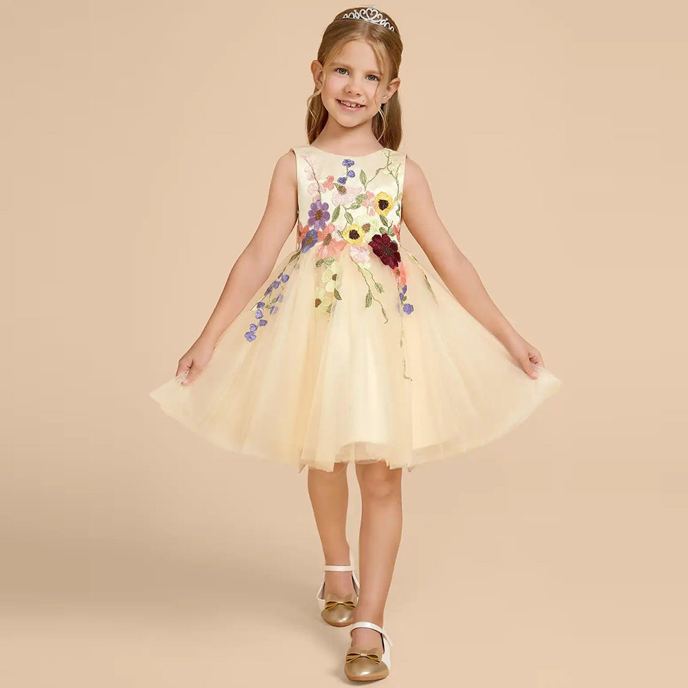 Embroidery Yellow Dress - カスタマイズされた黄色のチュールフラワーガールドレス、リボン付き3Dフラワーレースアップリケ、Aラインのファーストコミュニオンガウン、プリンセスバースデーガウン