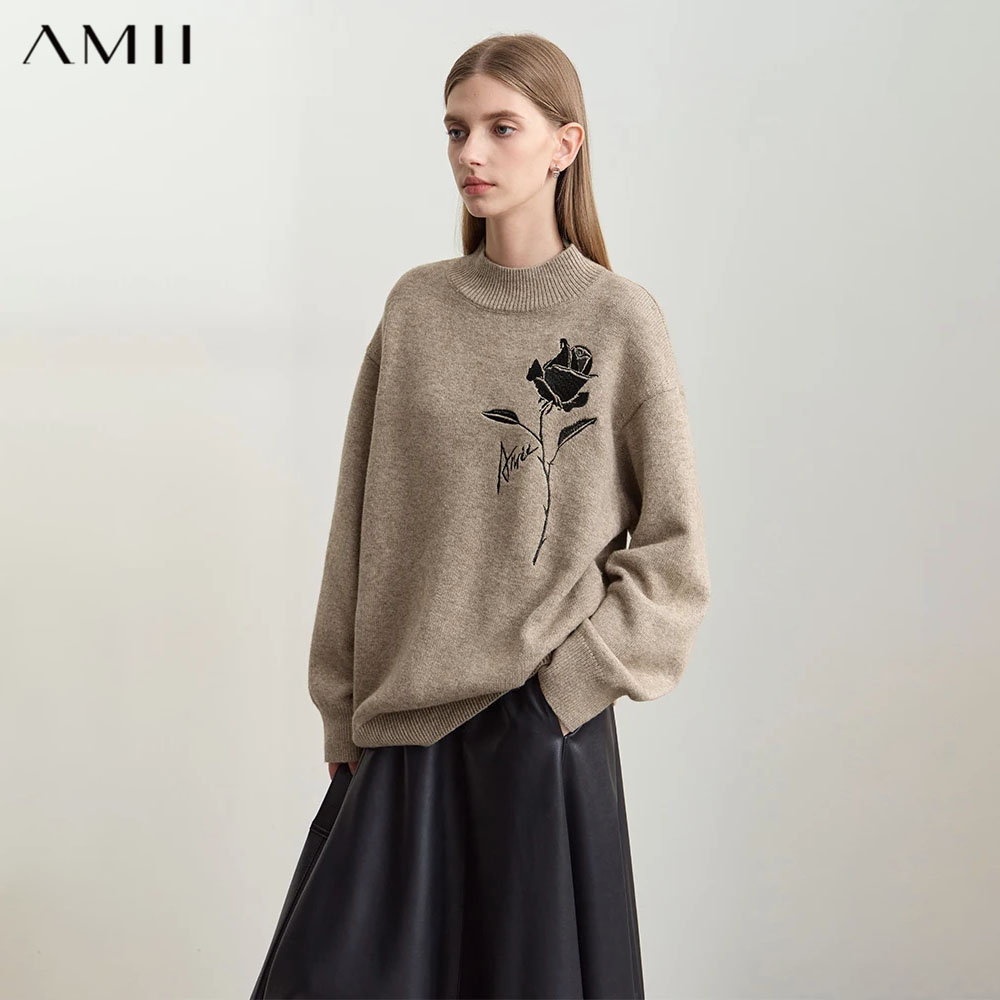 Embroidery Rose - Amii セーター秋冬女性服カシミヤローズ刺繍ニット 2026 新しいルーズ長袖ウールセーター 12444269