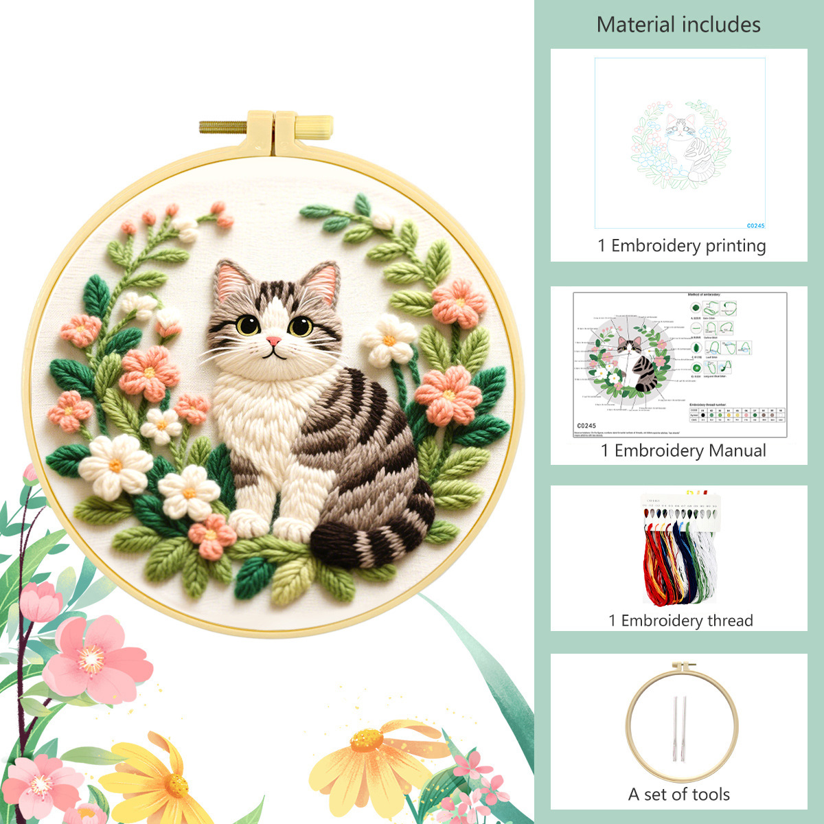 DIY手刺繍キット、グレーの猫と花の模様、高品質の糸と針、大 - Embroidery Meaning のレビューと価格