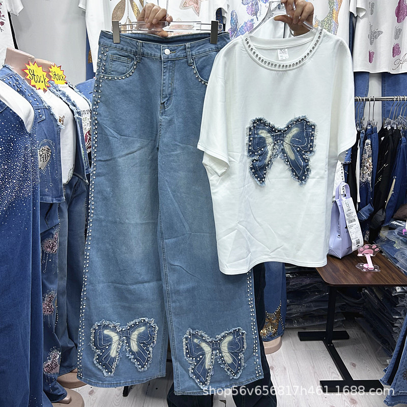 春夏新作ゆったりレディースツーピースセット刺繍蝶柄白半袖Tシ - Embroidery Cotton Shirt のレビューと価格