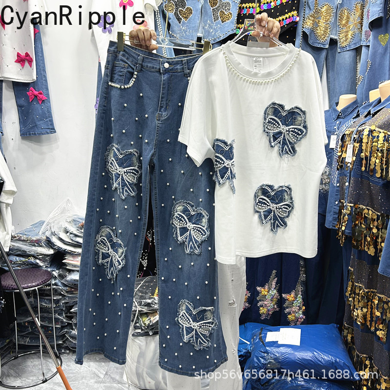春夏新作 レディース ツーピースセット ビーズ刺繍リボン付き - Embroidery Cotton Shirt のレビューと価格